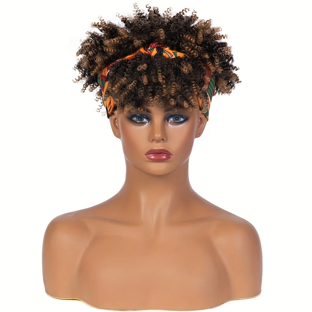 Short Kinky Curly Headband Synthetic Wigs With Bangs - Various Headband and Hair Colors Available