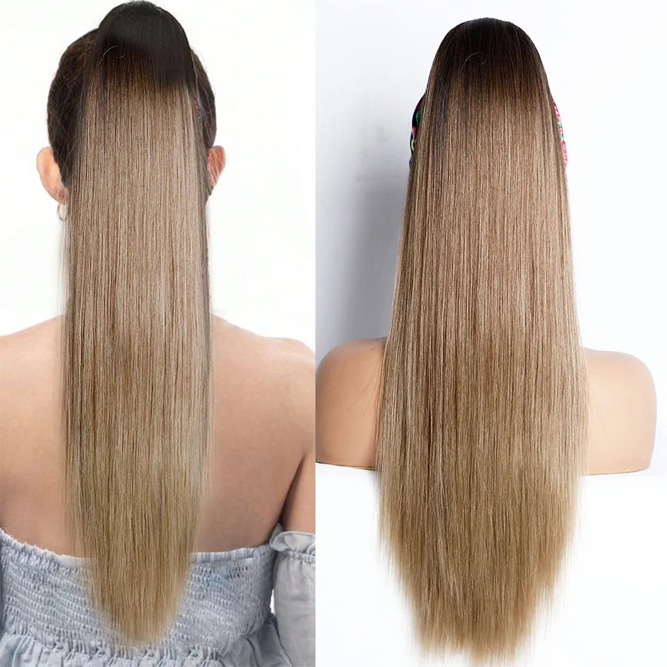 Blonde Long Silky Straight Ponytail Synthetic Hair; DrawString Clip-In Piece