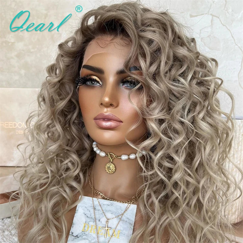 Loose Curly Pre Plucked HD Lace Front Free Parting Ombre Ash Blonde Brown Highlights Wig