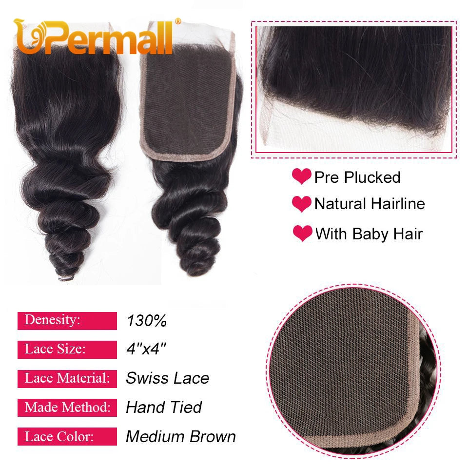Loose Body Wave 100% Human Hair Lace Closure or Pre Plucked Swiss HD Transparent Frontal