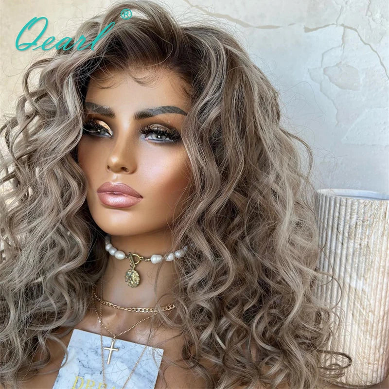 Loose Curly Pre Plucked HD Lace Front Free Parting Ombre Ash Blonde Brown Highlights Wig
