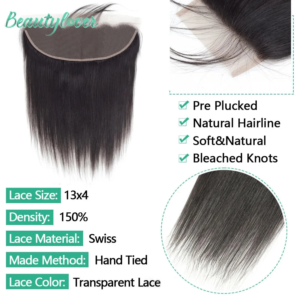 Brazilian Straight 13x6 Lace Frontal or  Pre-plucked Transparent 2x6 HD Lace Closure Human Hair