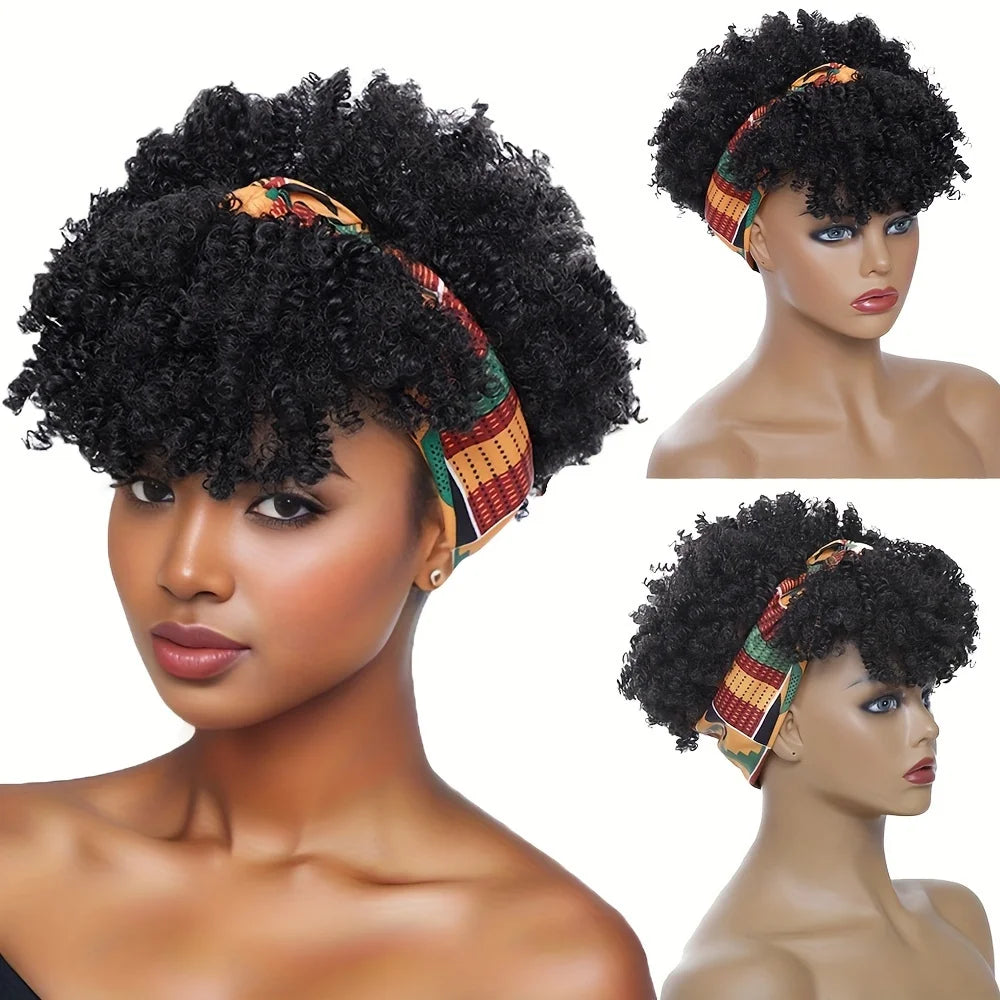 Short Kinky Curly Headband Synthetic Wigs With Bangs - Various Headband and Hair Colors Available