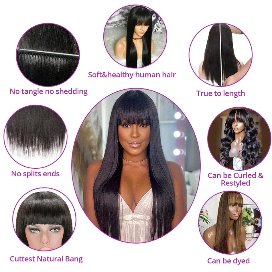 Brazilian Bone Straight - Middle Part Lace Human Hair Wig With Bangs