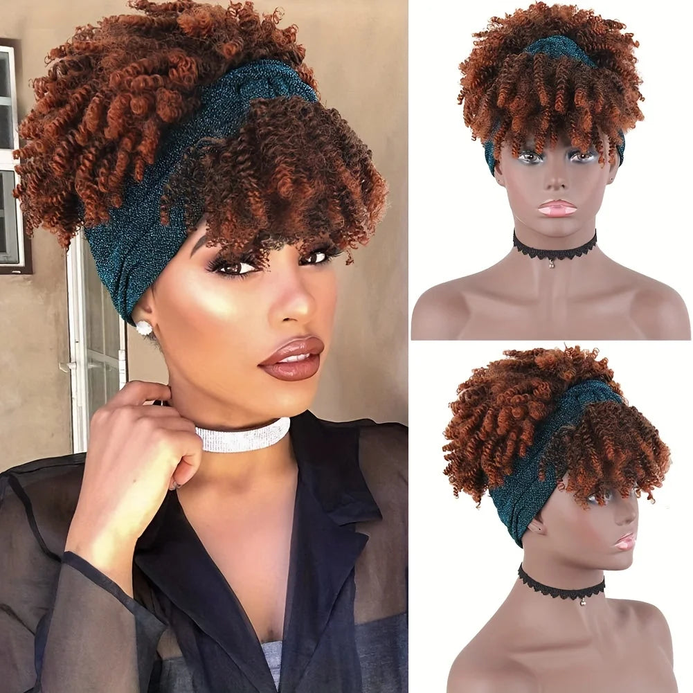 Short Kinky Curly Headband Synthetic Wigs With Bangs - Various Headband and Hair Colors Available