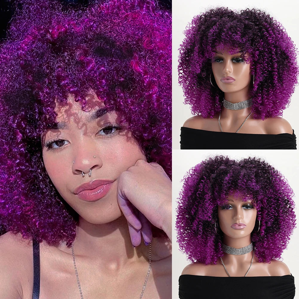 Synthetic 16 Inch Afro Kinky Curly Wigs With Bangs - Various Colors Available