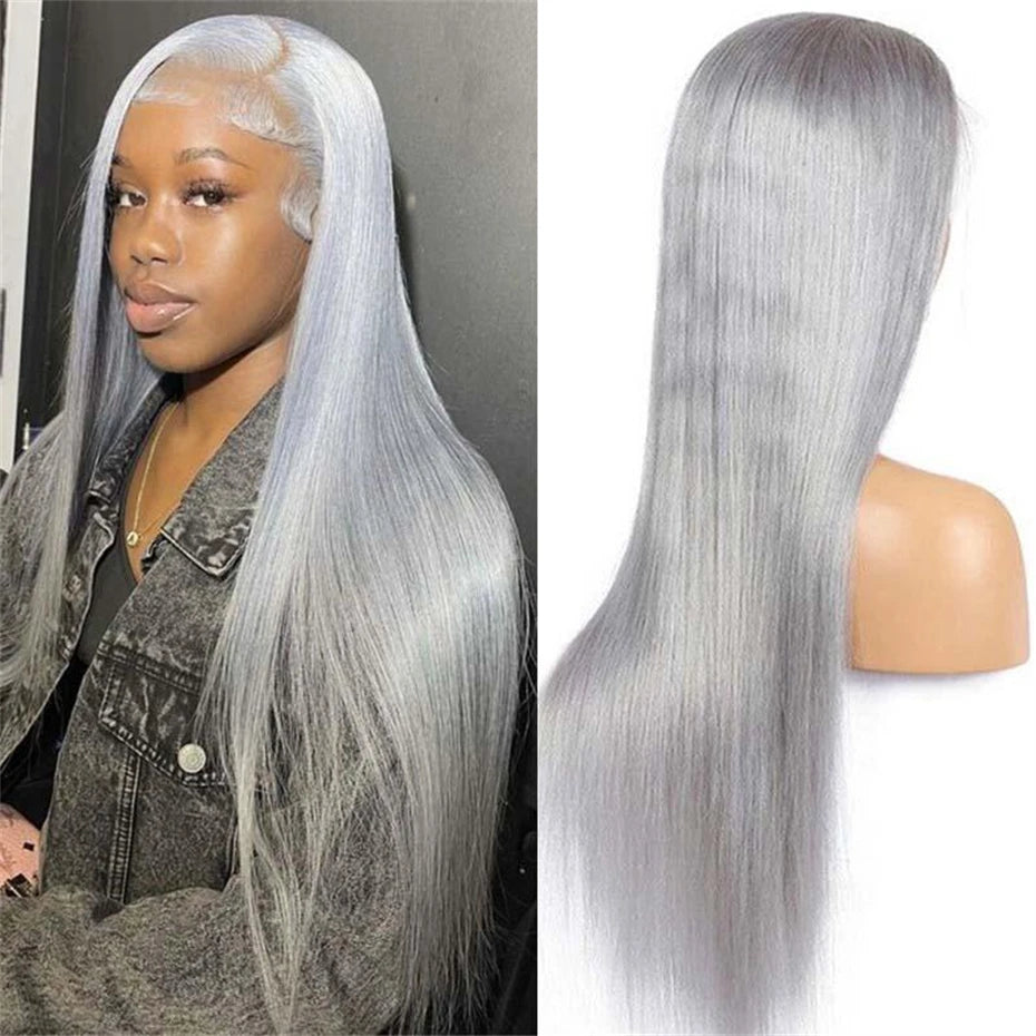 Silver Grey Brazilian Bone Straight or Body Wave - Pre Plucked Lace Front Human Hair Wig