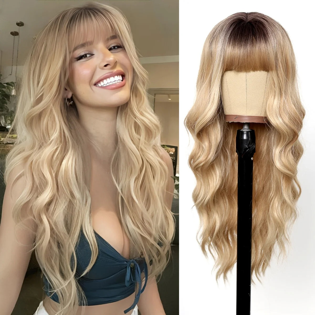 Long Curly Wavy Heat Resistant Synthetic Wigs With Bangs - Various Colors Available