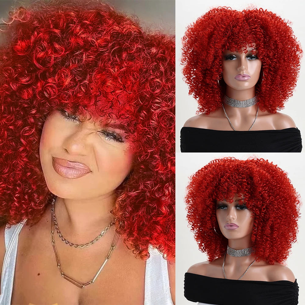 Synthetic 16 Inch Afro Kinky Curly Wigs With Bangs - Various Colors Available