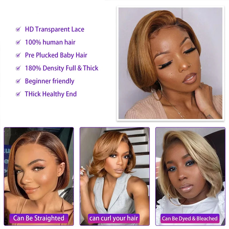 Short Body Wave Honey Blonde Highlight Lace Front Bob Glueless Human Hair Wig