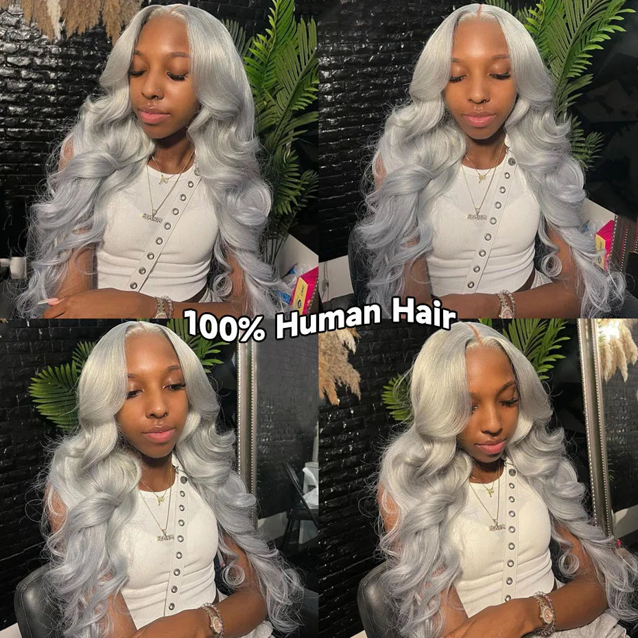 Silver Grey Brazilian Bone Straight or Body Wave - Pre Plucked Lace Front Human Hair Wig