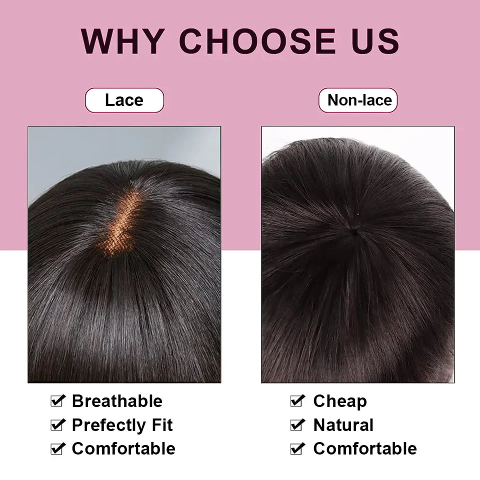 Short Straight Bob Lace Front Glueless Human Hair Wig With Bangs - Various Colors