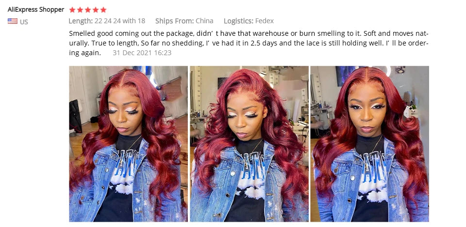 Body Wave Human Hair Bundles With Closure - Burgundy Color in Various Lengths