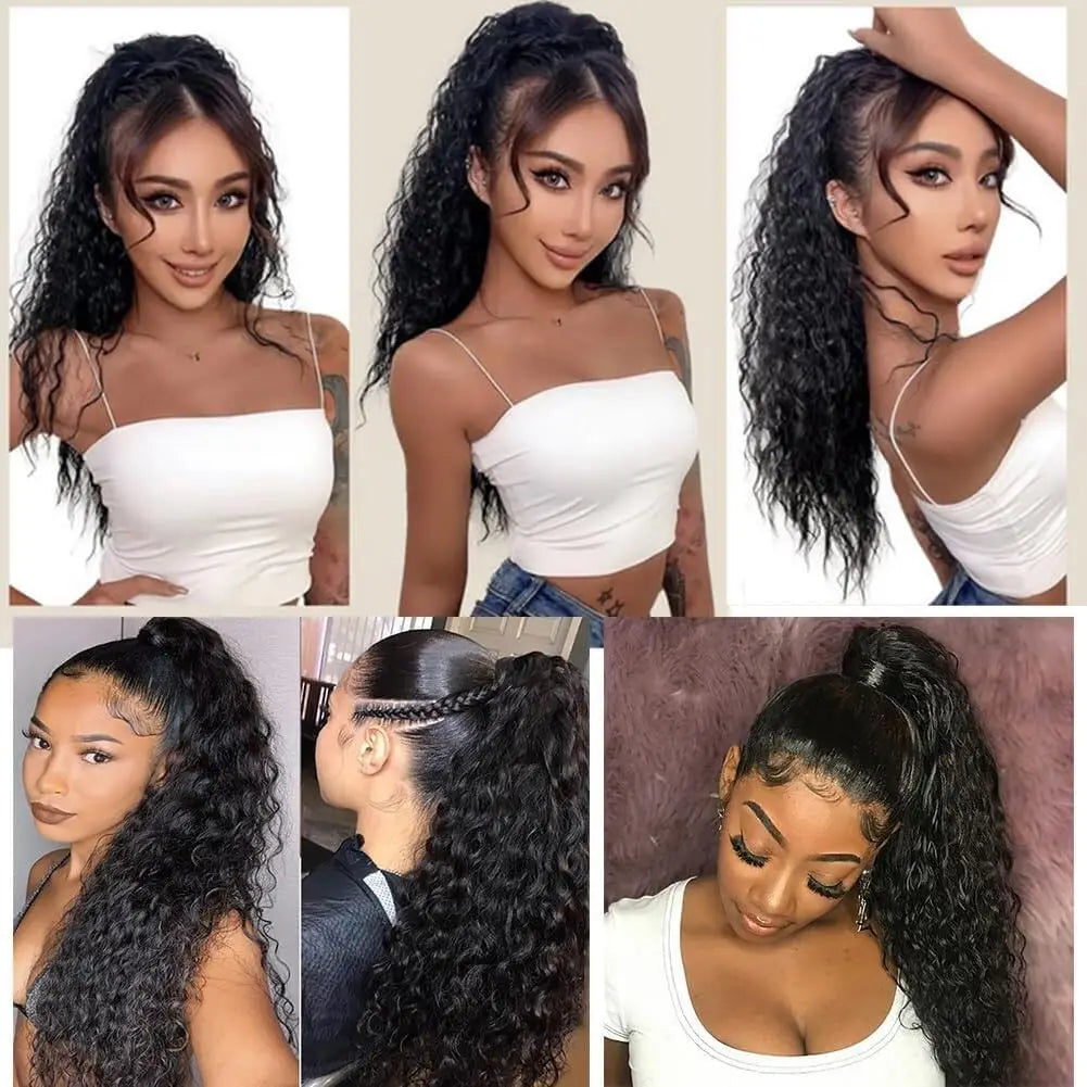 Human Hair Wrap Around Ponytail 10-32 Inches; Available in Straight, Body Wave, Water Wave & Kinky Curly (Natural Color)