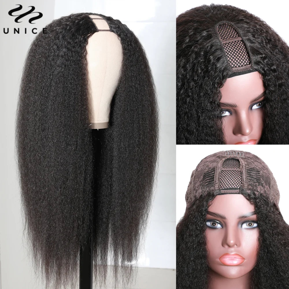 Kinky Straight V & U Part Human Hair Wigs With Drawstring and Minimal Leave Out