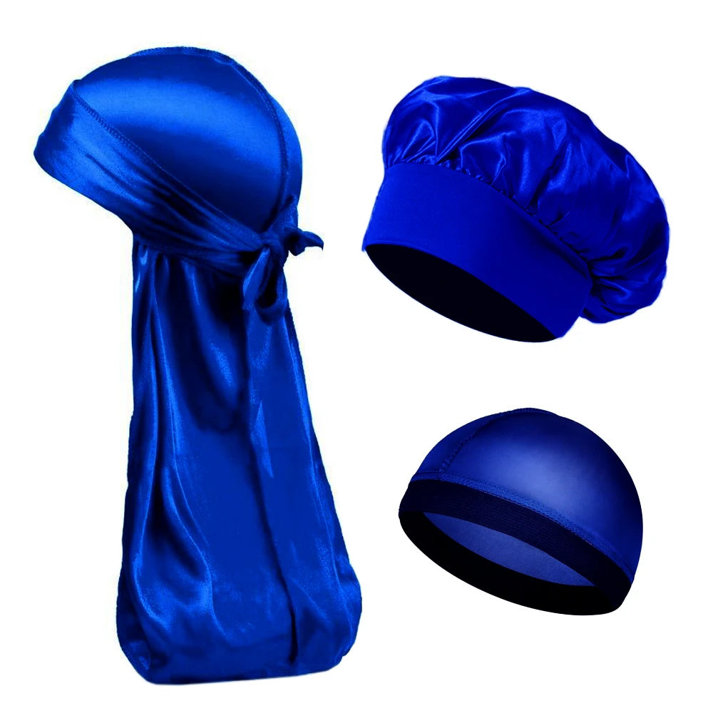 3PCS High Quality Satin Silky Unisex Bonnet, Head Wrap Elastic Band Cap, Durag, Sleeper Cap
