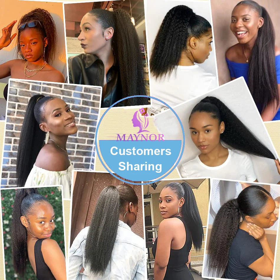 Yaki Straight 100% Human Hair Wrap Around Drawstring Ponytail Natural Black 1B