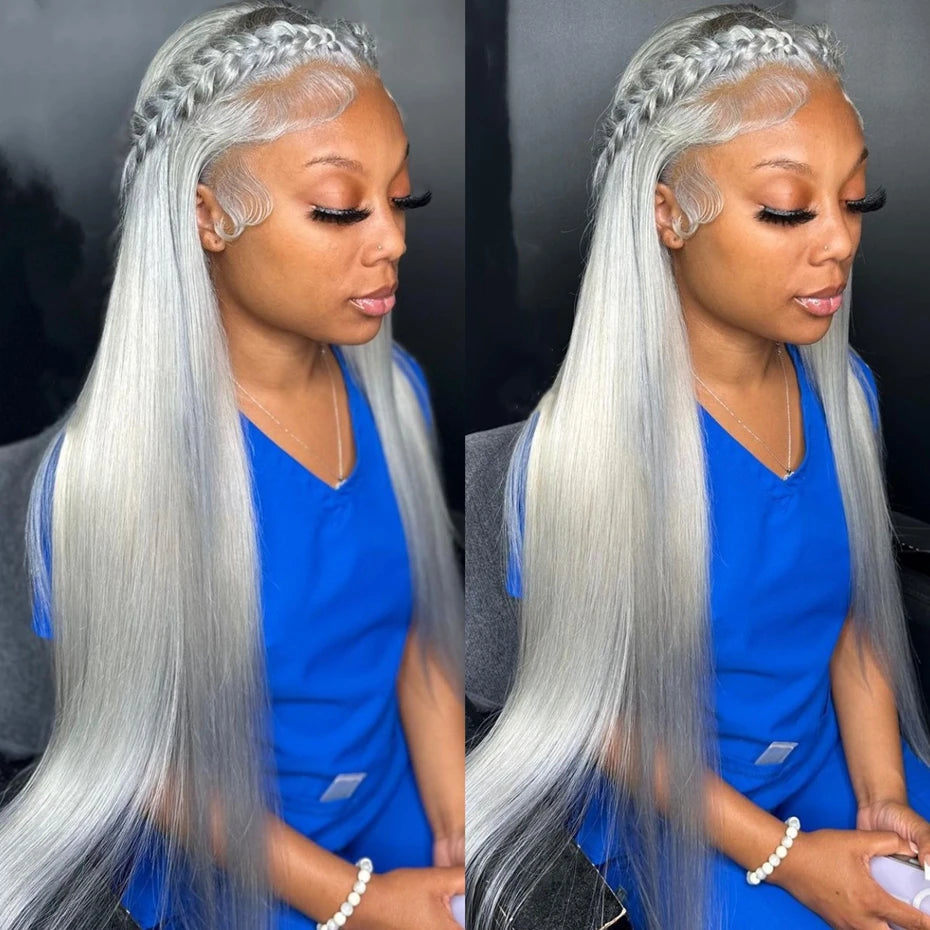 Silver Grey Brazilian Bone Straight or Body Wave - Pre Plucked Lace Front Human Hair Wig