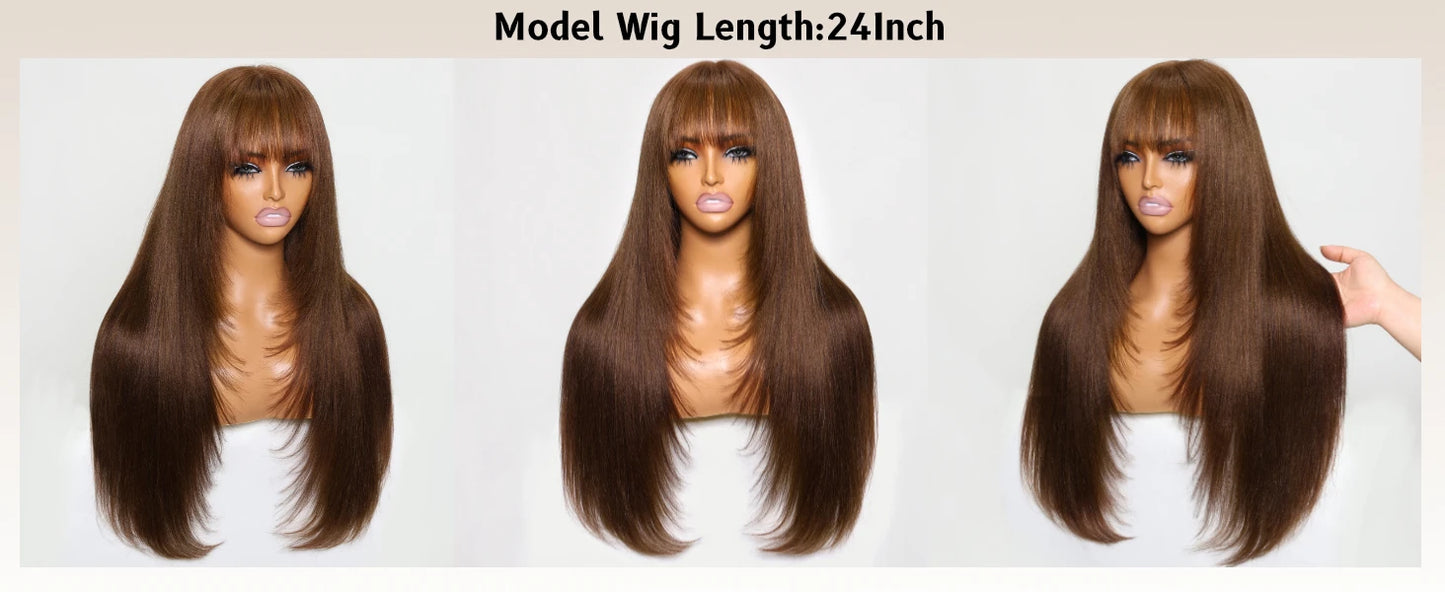 Yaki Straight With Bangs Layered Cut - Lace Front Human Hair Glueless Ready To Wear Wig