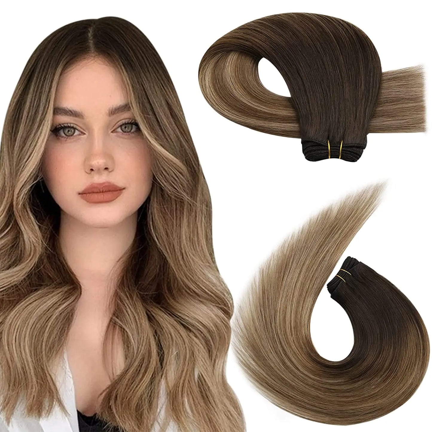 Straight Human Hair Bundles Weave Balayage Hair Pieces