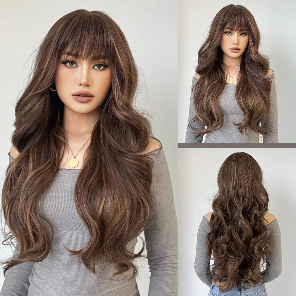 Long Curly Wavy Heat Resistant Synthetic Wigs With Bangs - Various Colors Available