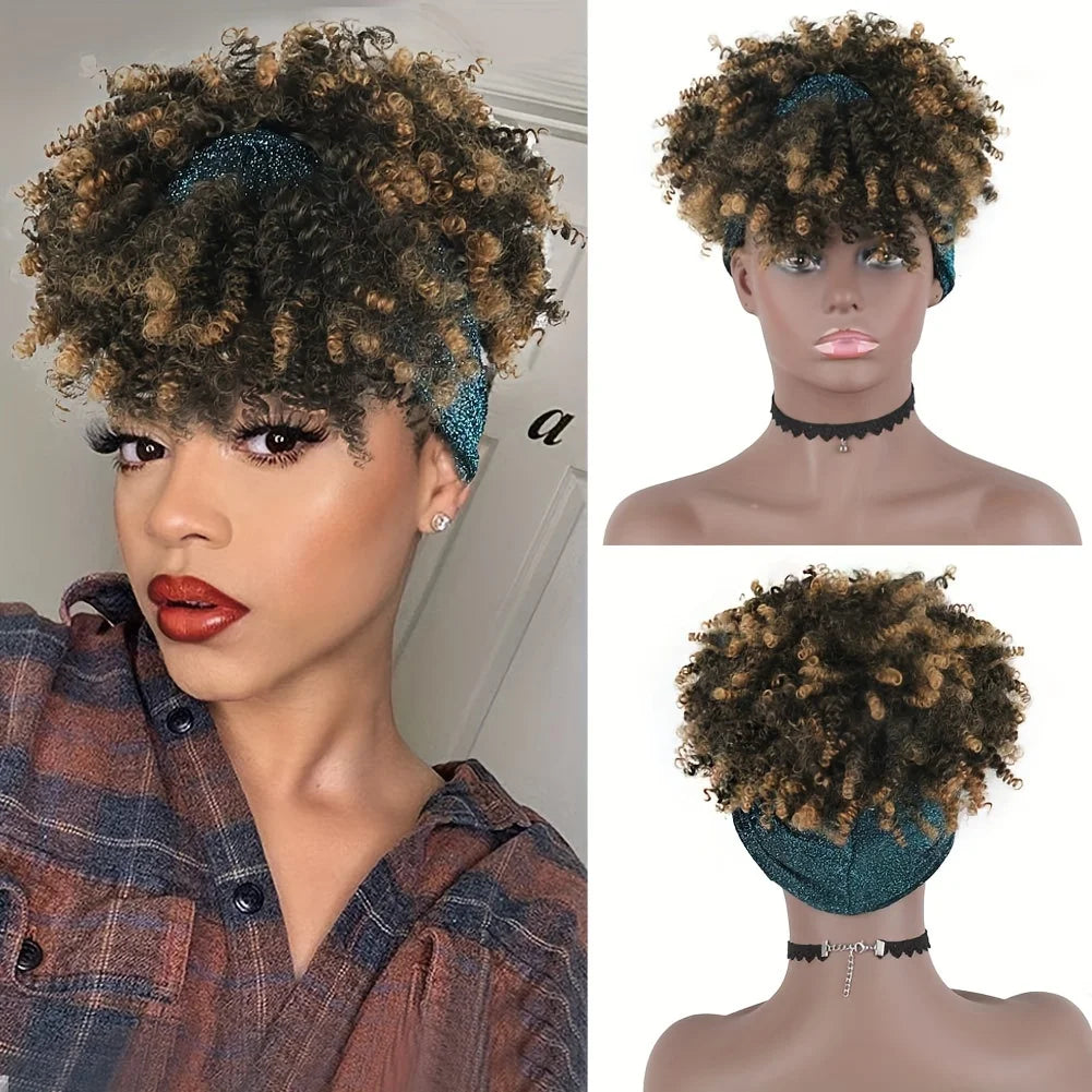 Short Kinky Curly Headband Synthetic Wigs With Bangs - Various Headband and Hair Colors Available