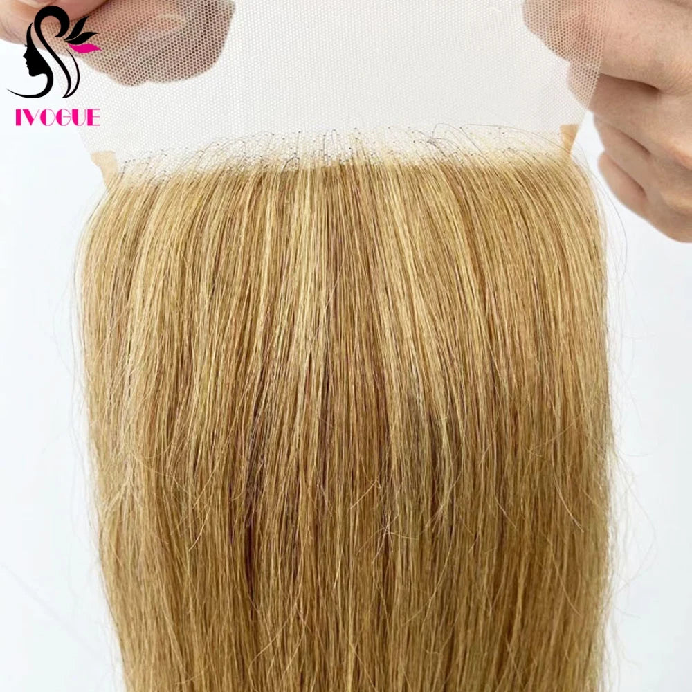 Golden Blonde #27 Human Hair Skin Base Silicone Silk Top Lace Closure Pre Plucked with Baby Hair & Free Part