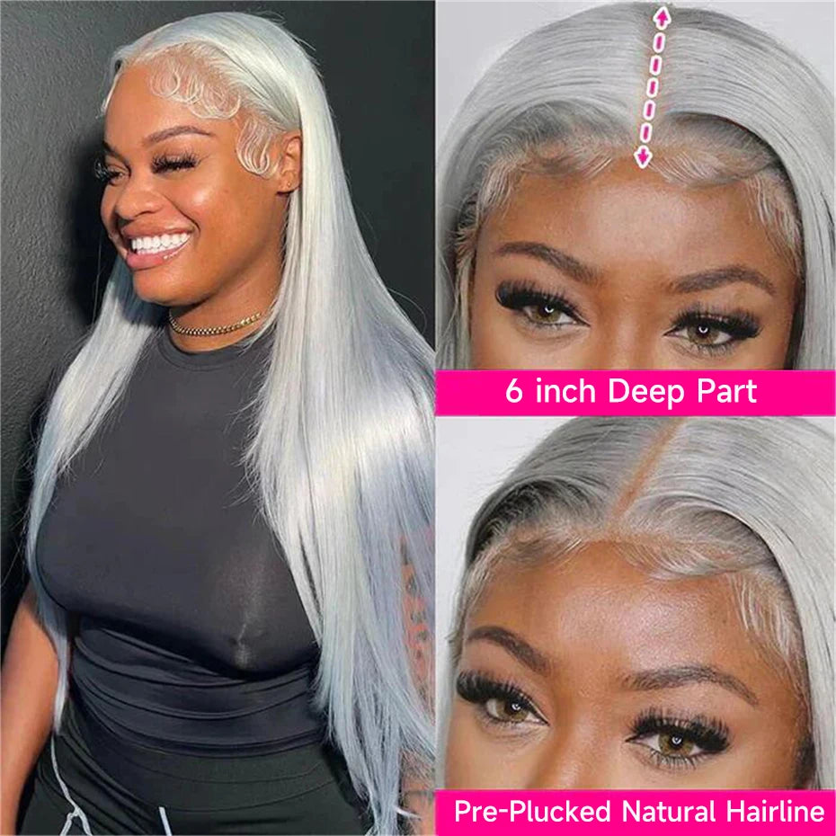 Silver Grey Brazilian Bone Straight or Body Wave - Pre Plucked Lace Front Human Hair Wig