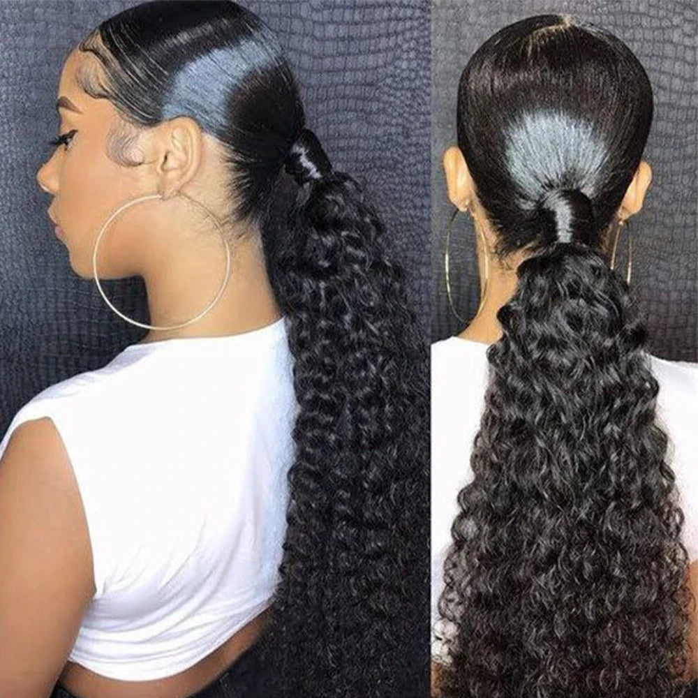 Human Hair Wrap Around Ponytail 10-32 Inches; Available in Straight, Body Wave, Water Wave & Kinky Curly (Natural Color)