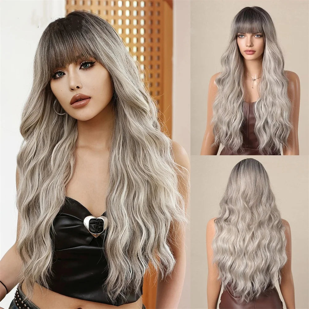 Long Curly Wavy Heat Resistant Synthetic Wigs With Bangs - Various Colors Available