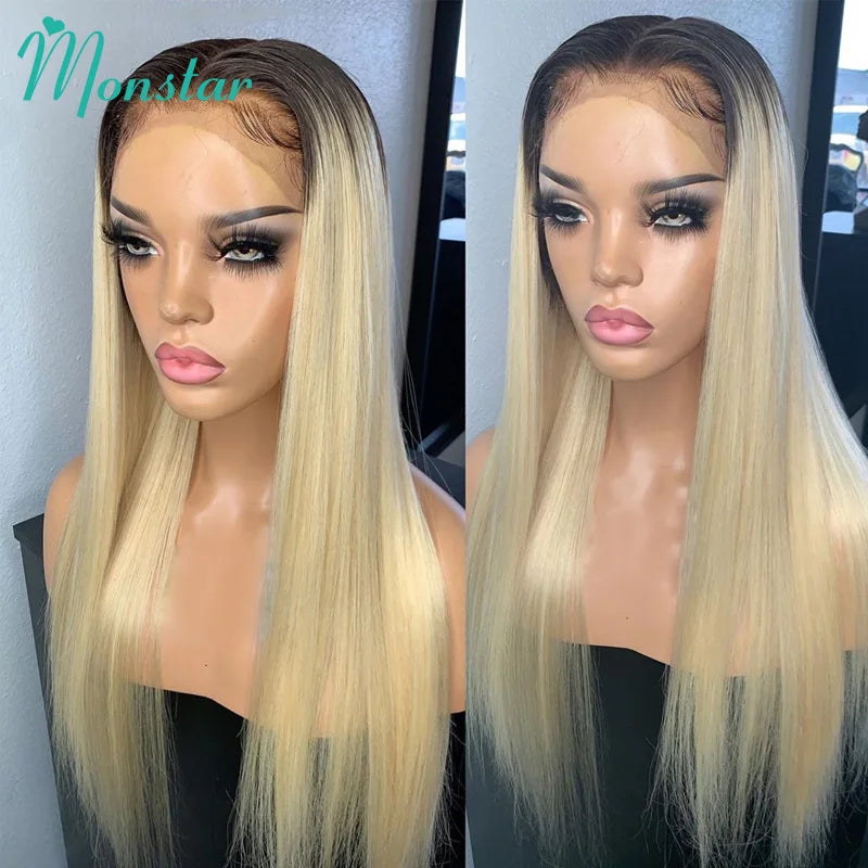 Dark Root 1B 613 Ombre Blonde13 Brazilian Straight  - Full Lace Front Human Hair Wig