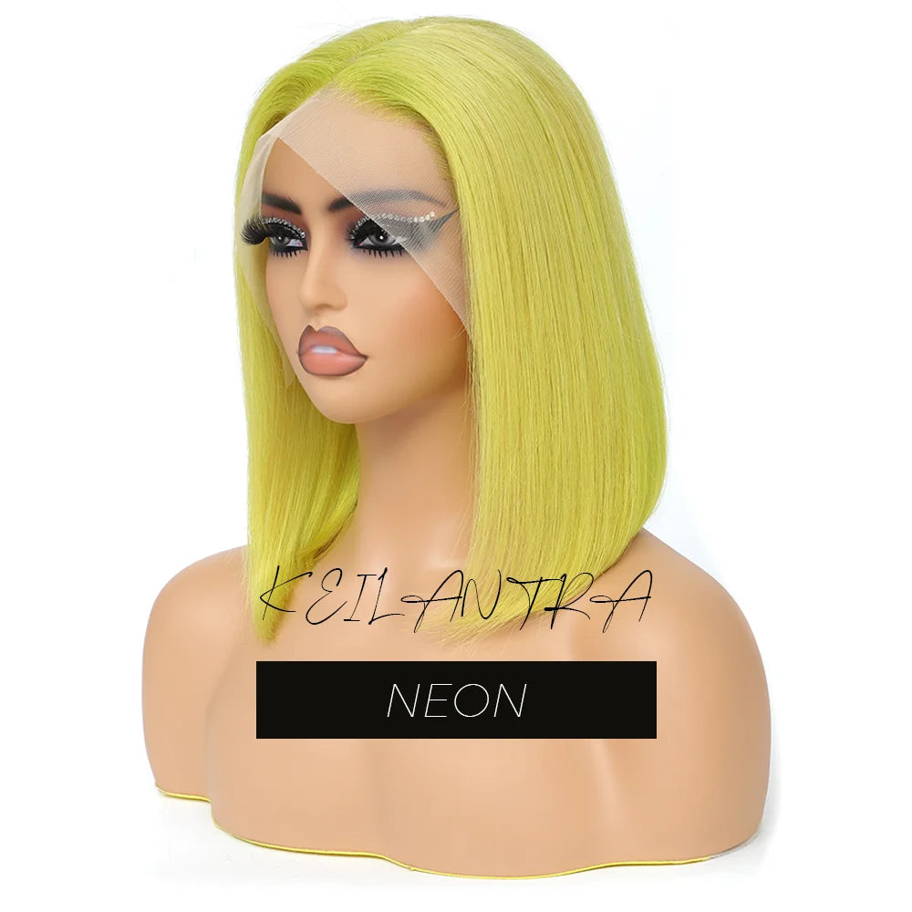 Rose Pink Short Straight Bob Pre Plucked HD Transparent Lace Front Human Hair Wig