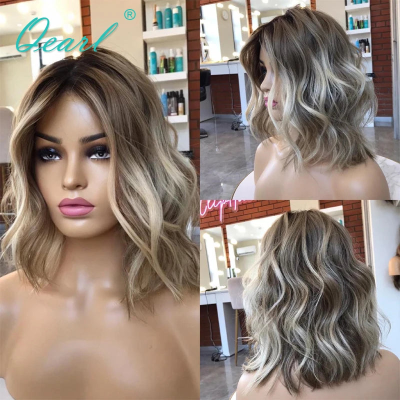 Wavy Bob Ash Brown/Honey Blonde Highlights Lace Frontal Human Hair Wig