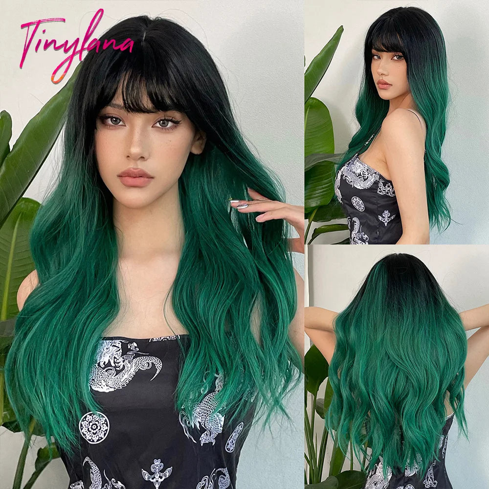 Long Curly Wavy Synthetic Wigs with Bangs