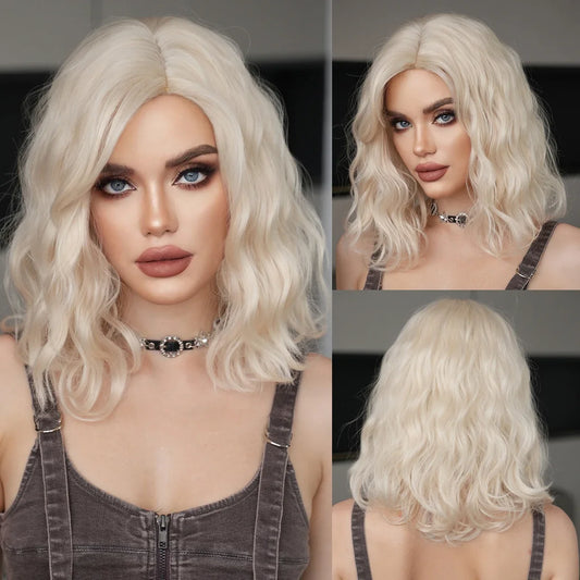 High Density Short Wavy Bob Synthetic Middle Part Wigs - Various Colors Available
