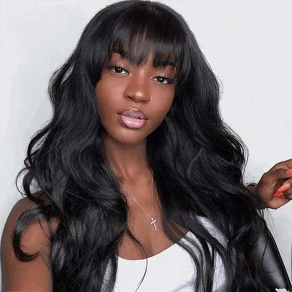 Body Wave Middle Part Lace Human Hair Wig with Bangs