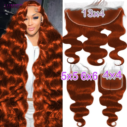 Ginger Orange Color Body Wave 100% Virgin Human Hair Lace Frontal  or HD Transparent Closure With Baby Hairs