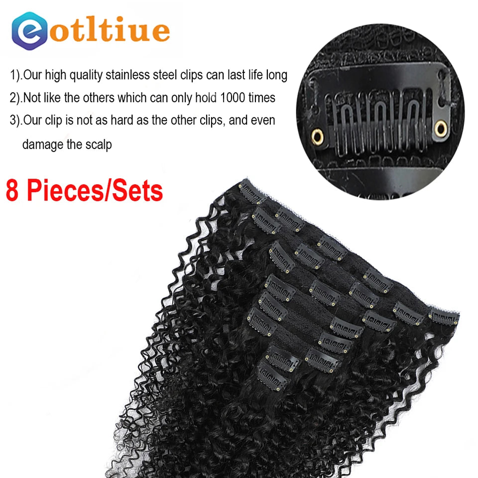 Afro Kinky Curly Human Hair Clip-In Extensions -  8Pcs/Set 120G Natural Color