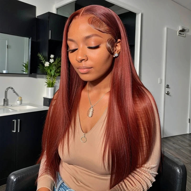 Reddish Brown Straight 13x6 Pre Plucked HD Lace Front Human Hair Wig