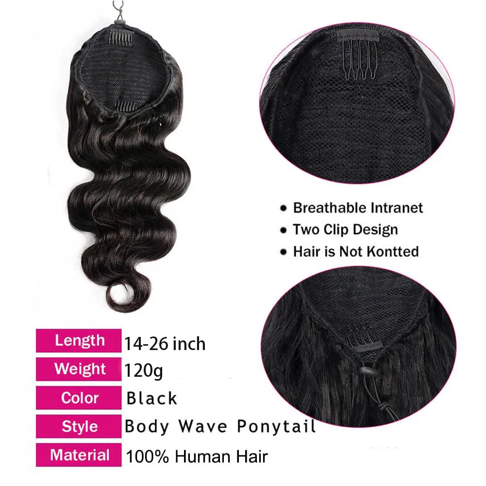 Body Wave Human Hair Drawstring Ponytail - Natural Color