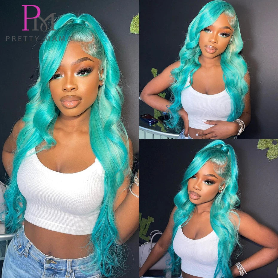 Cyan Blue Lace Body Wave - Human Hair Pre Plucked Lace Front Wig