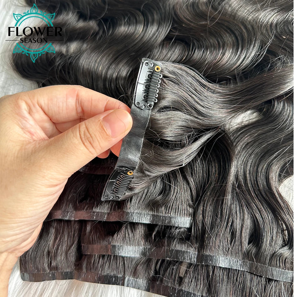 Body Wave Invisible Seamless PU Clip In Human Hair Skin Weft 100-120g/7pcs Full Head