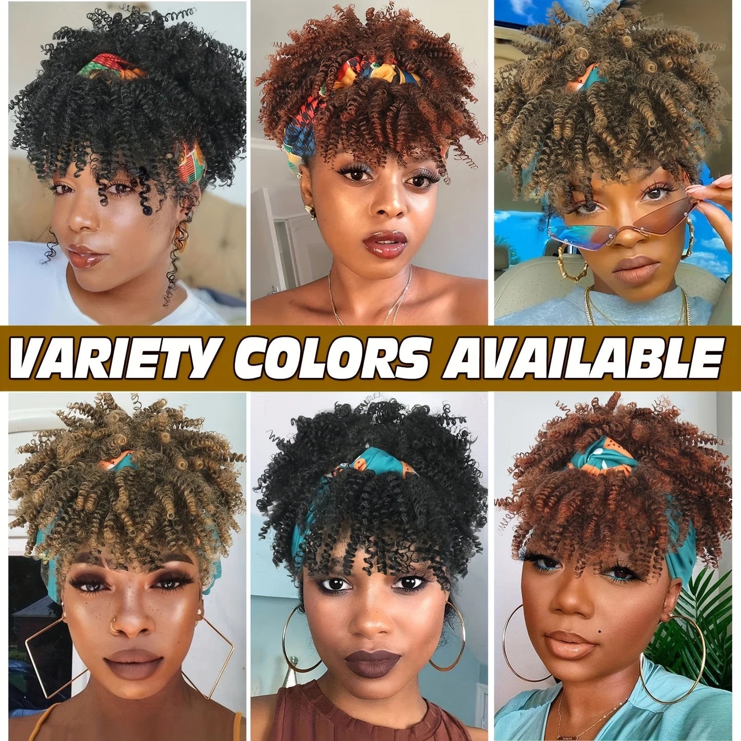 Short Kinky Curly Headband Synthetic Wigs With Bangs - Various Headband and Hair Colors Available