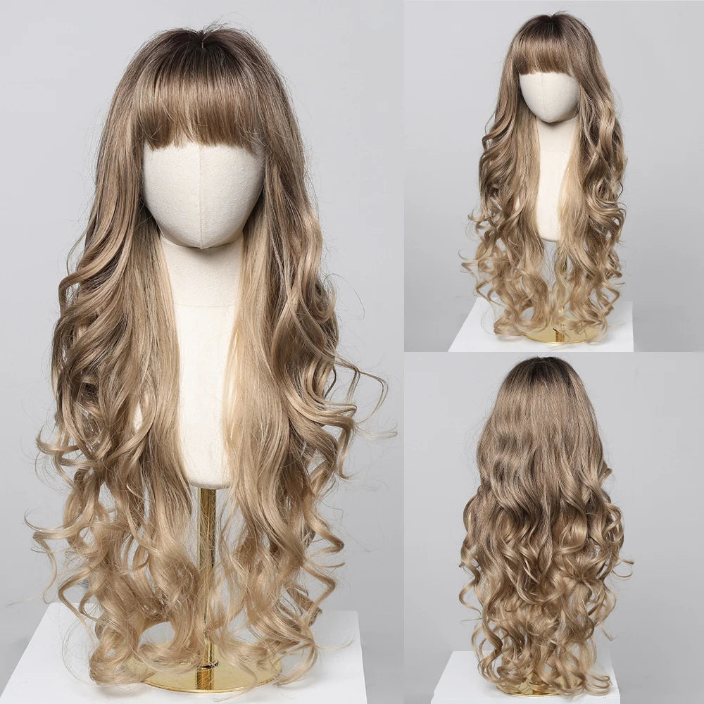 Long Wavy Synthetic Hair Wigs with Bangs - Various Colors Available