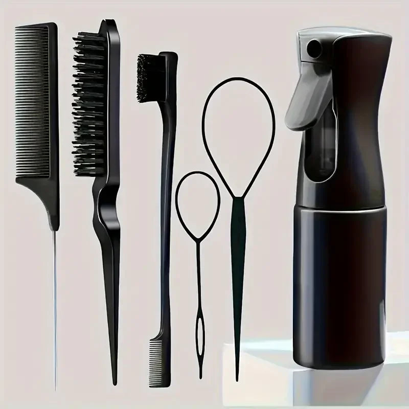 6PC Hair Brush Set - Includes Spray Bottle, 2 Hair Braiding Loops, Rat Tail Comb, Teasing Hair Brush & Edge Control Brush