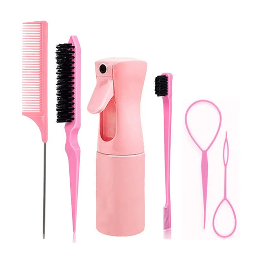 6PC Hair Brush Set - Includes Spray Bottle, 2 Hair Braiding Loops, Rat Tail Comb, Teasing Hair Brush & Edge Control Brush