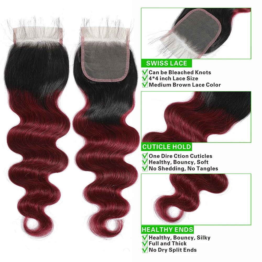 1B99J Body Wave Bundles With Closure Brazilian Human Hair