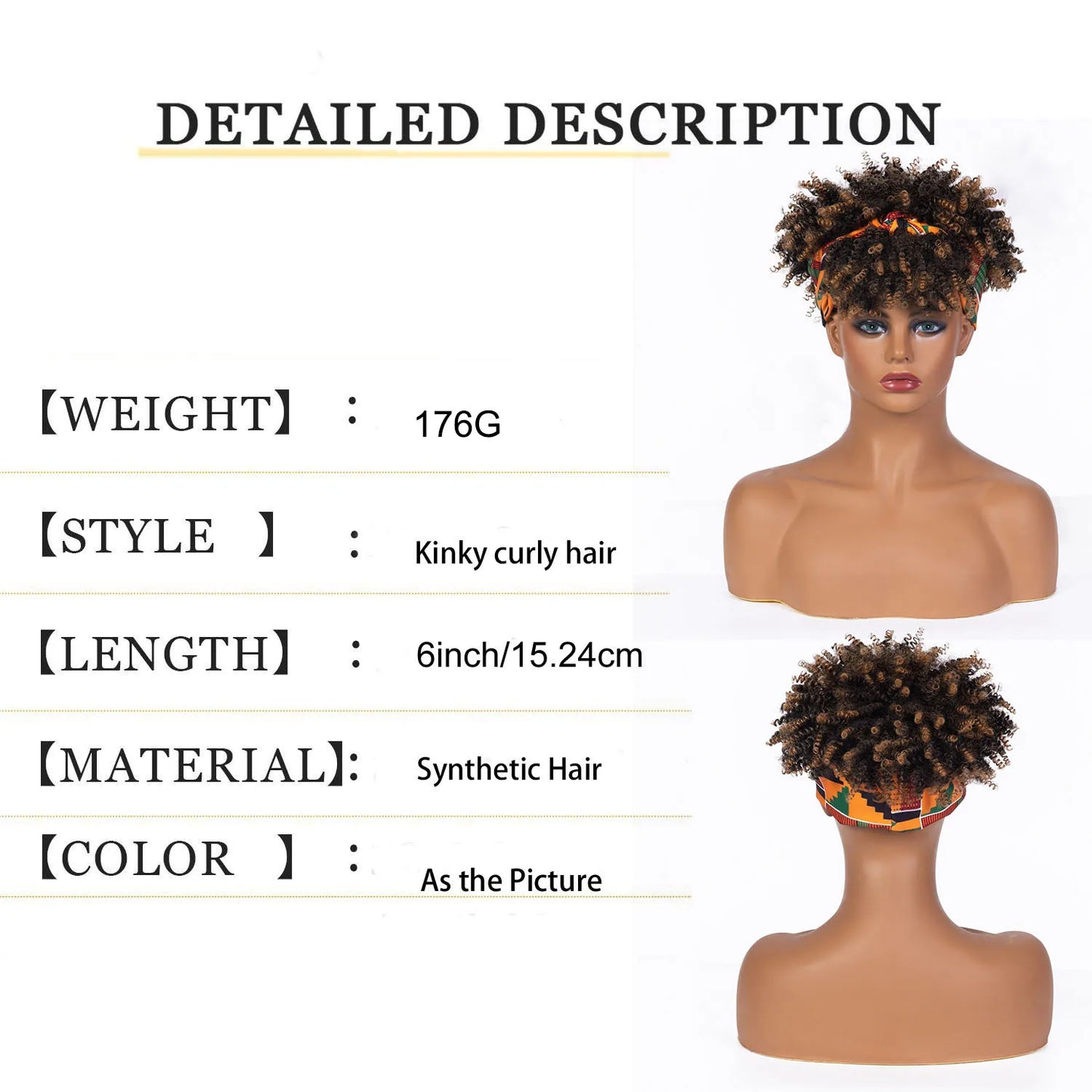 Short Kinky Curly Headband Synthetic Wigs With Bangs - Various Headband and Hair Colors Available