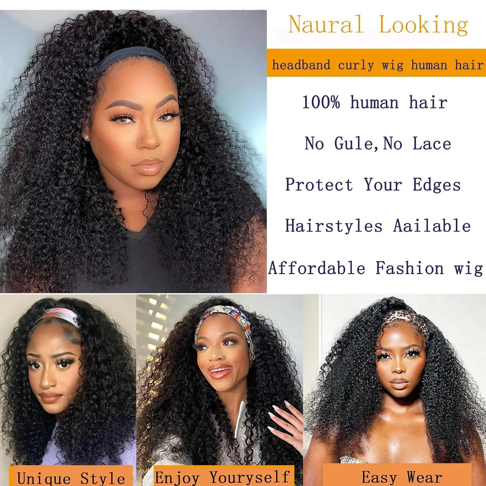Kinky Curly Headband Human Hair Wigs