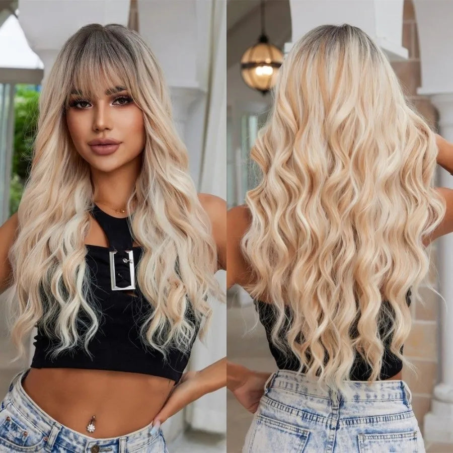 Long Curly Wavy Heat Resistant Synthetic Wigs With Bangs - Various Colors Available